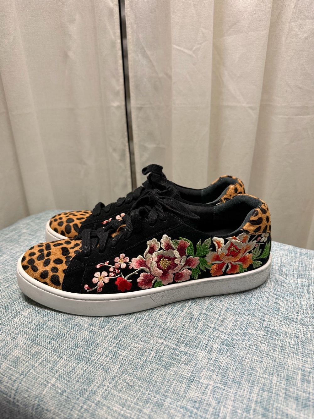 Johnny Was Black Sneakers with Leopard Toe and Pink Floral Embroidery